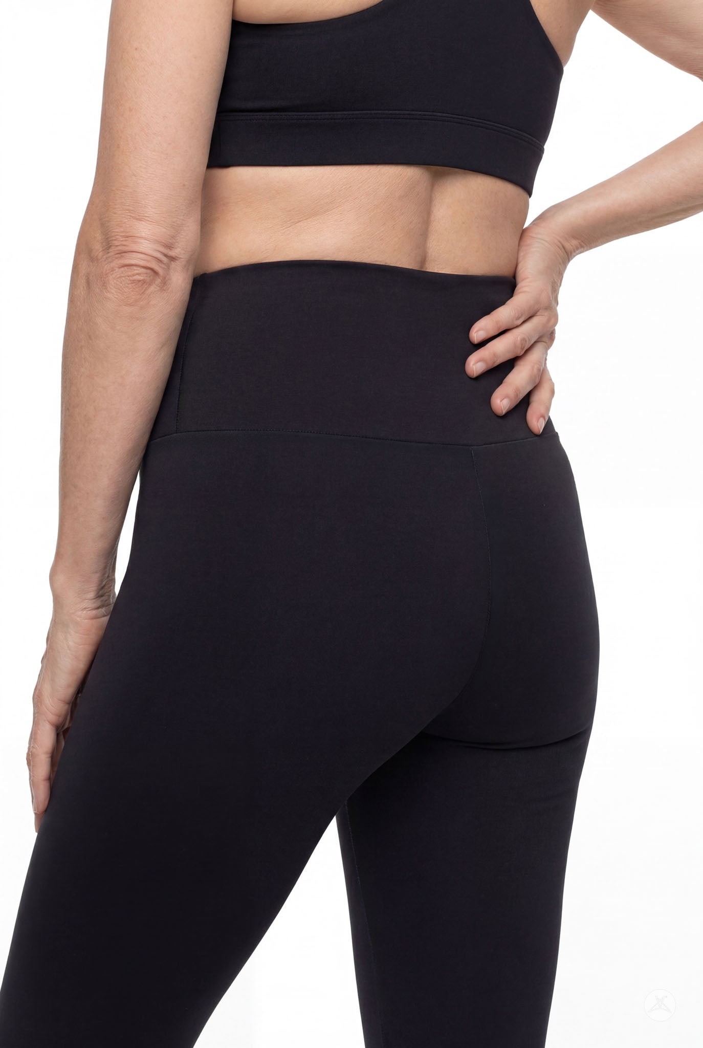 Rear view of woman wearing SweetLegs Black High-Waisted Crops with smooth waistband and fitted stretch fabric