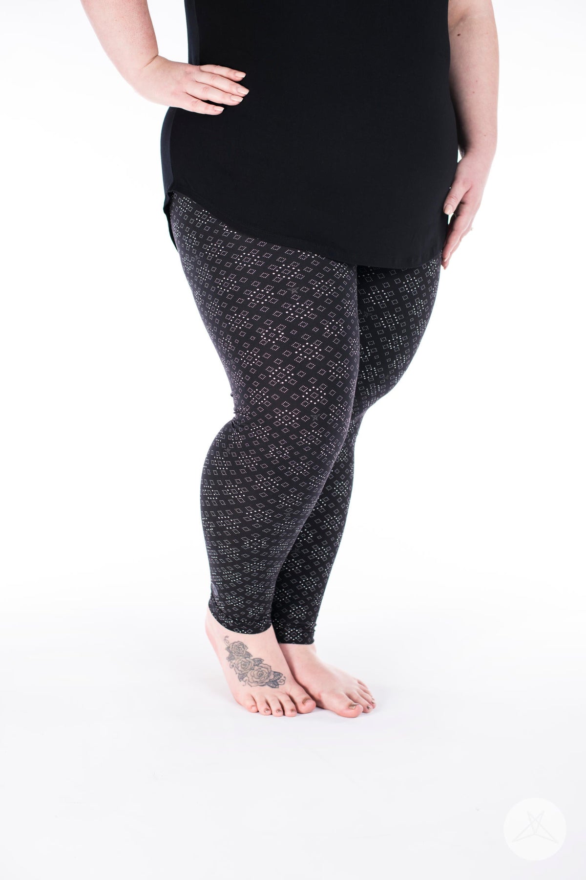SweetLegs Vault - Signature Leggings in black patterned print modeled with a black top