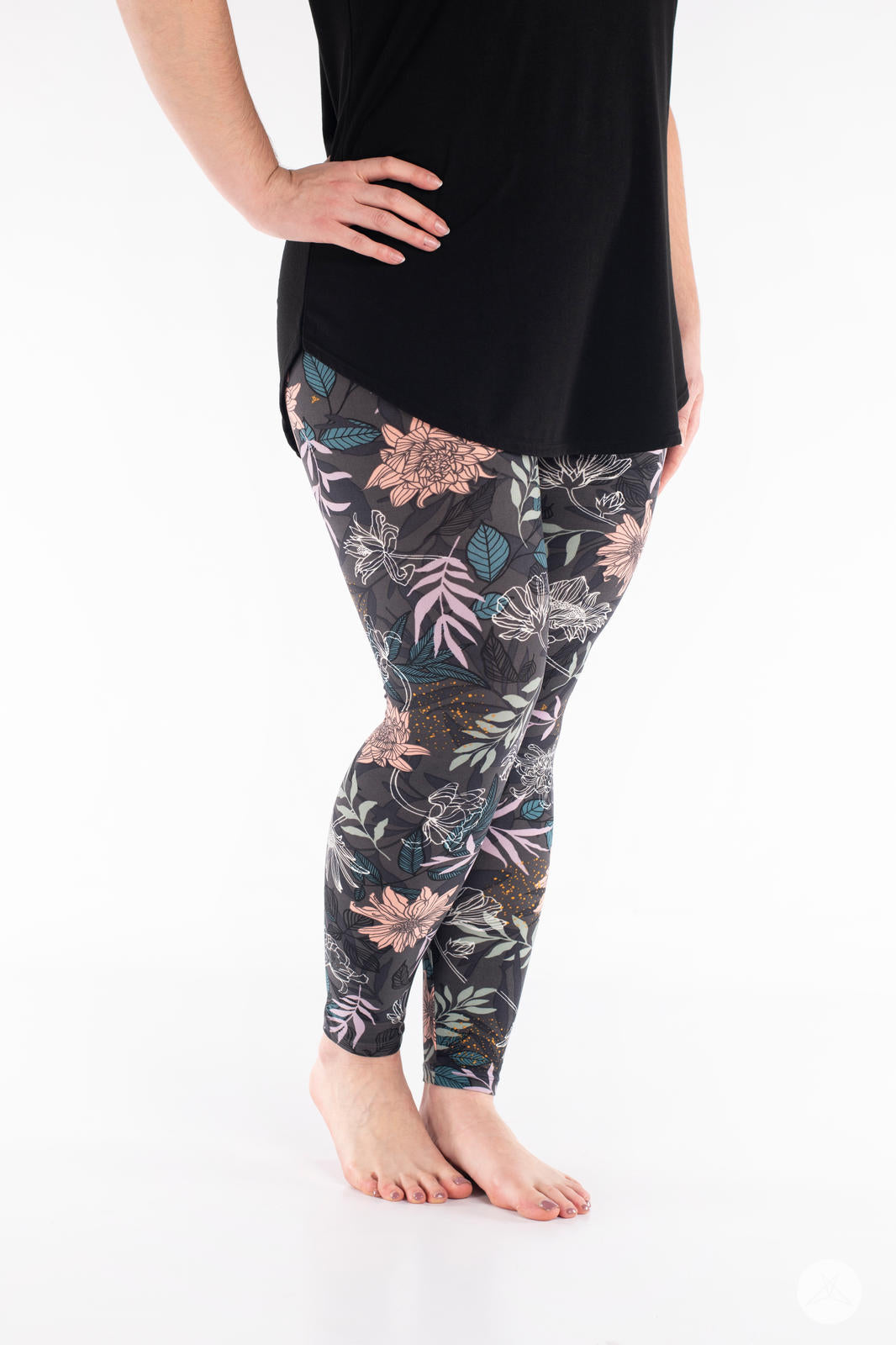 SweetLegs Vault - Signature Leggings with dark floral pattern modeled with a black tunic