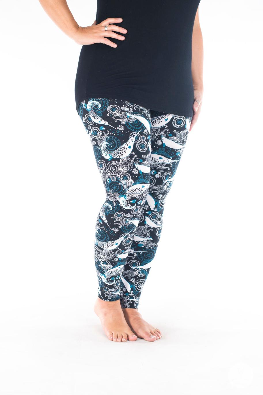 SweetLegs Vault - Signature Leggings in blue white and black paisley print modeled with a black tunic