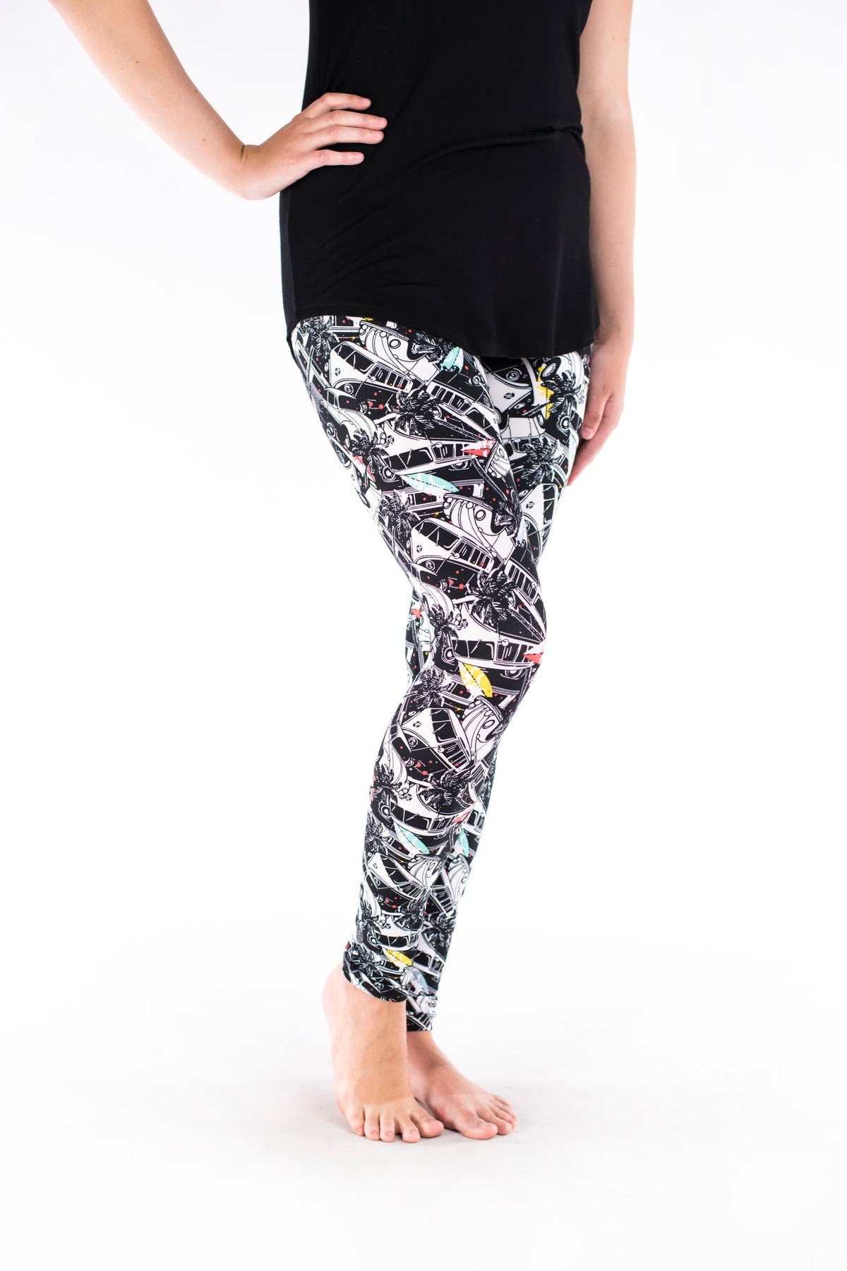 SweetLegs Vault - Signature Leggings with black and white abstract pattern modeled with a black tunic