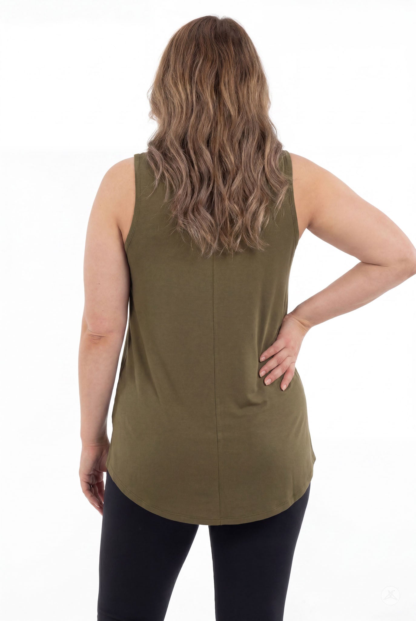Plus size model shown from behind wearing olive High Neck Swing Tank by SweetTops with black pants on white background