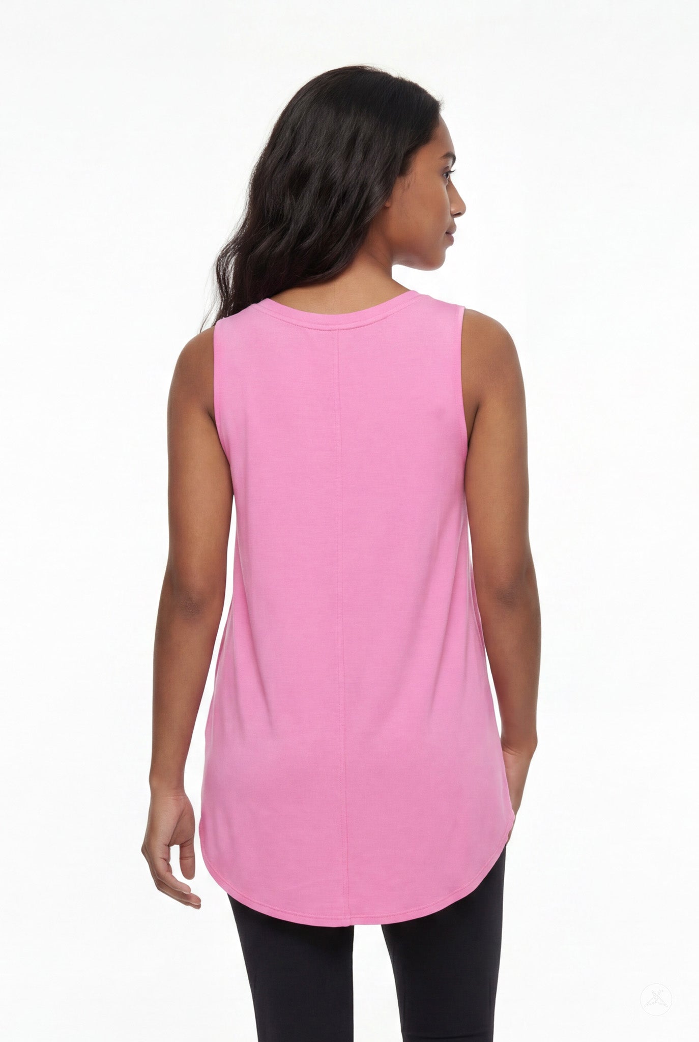 Woman seen from behind wearing SweetTops High Neck Swing Tank in pink with sleeveless cut and relaxed silhouette