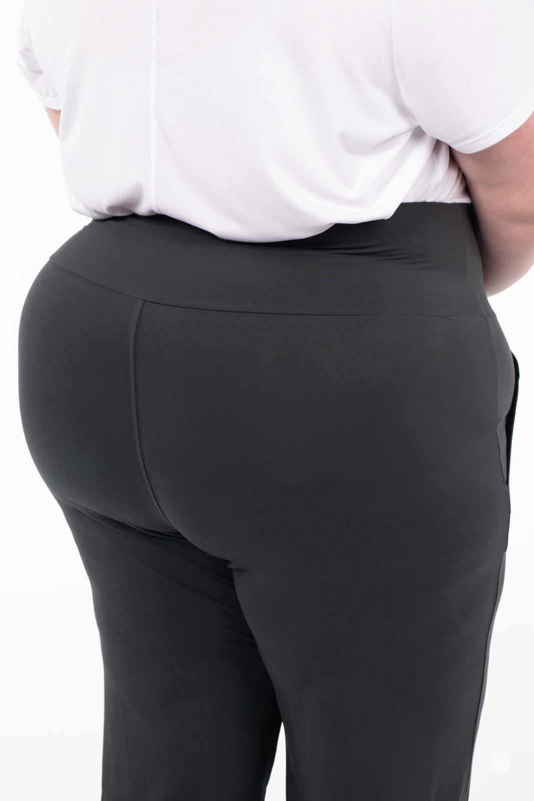 Rear view of SweetLegs High-Waist Wide Leg Crops in black emphasizing smooth high-rise waistband and fabric fit