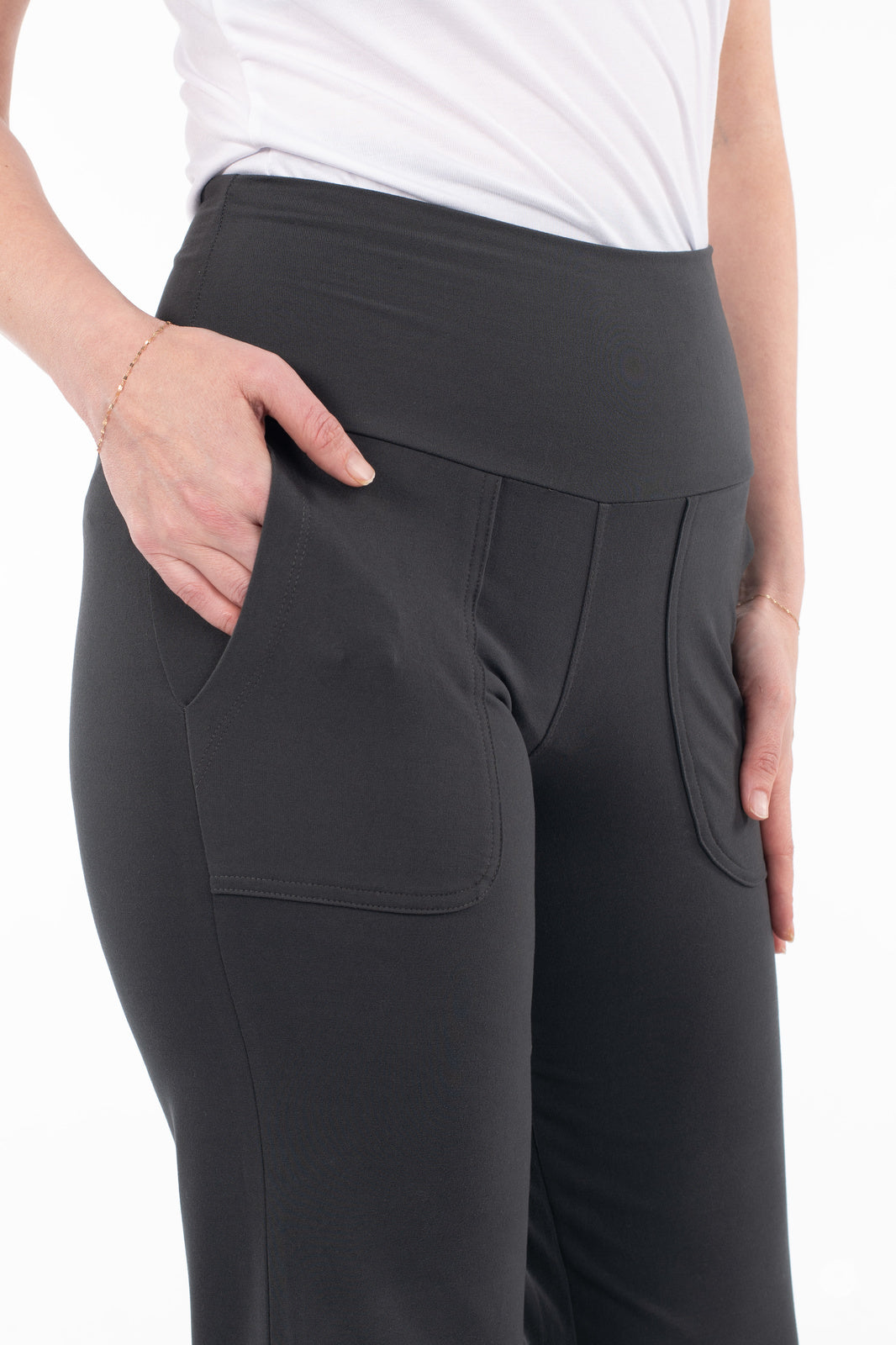 Close-up of SweetLegs High-Waist Wide Leg Crops in black highlighting smooth waistband and front pocket detail