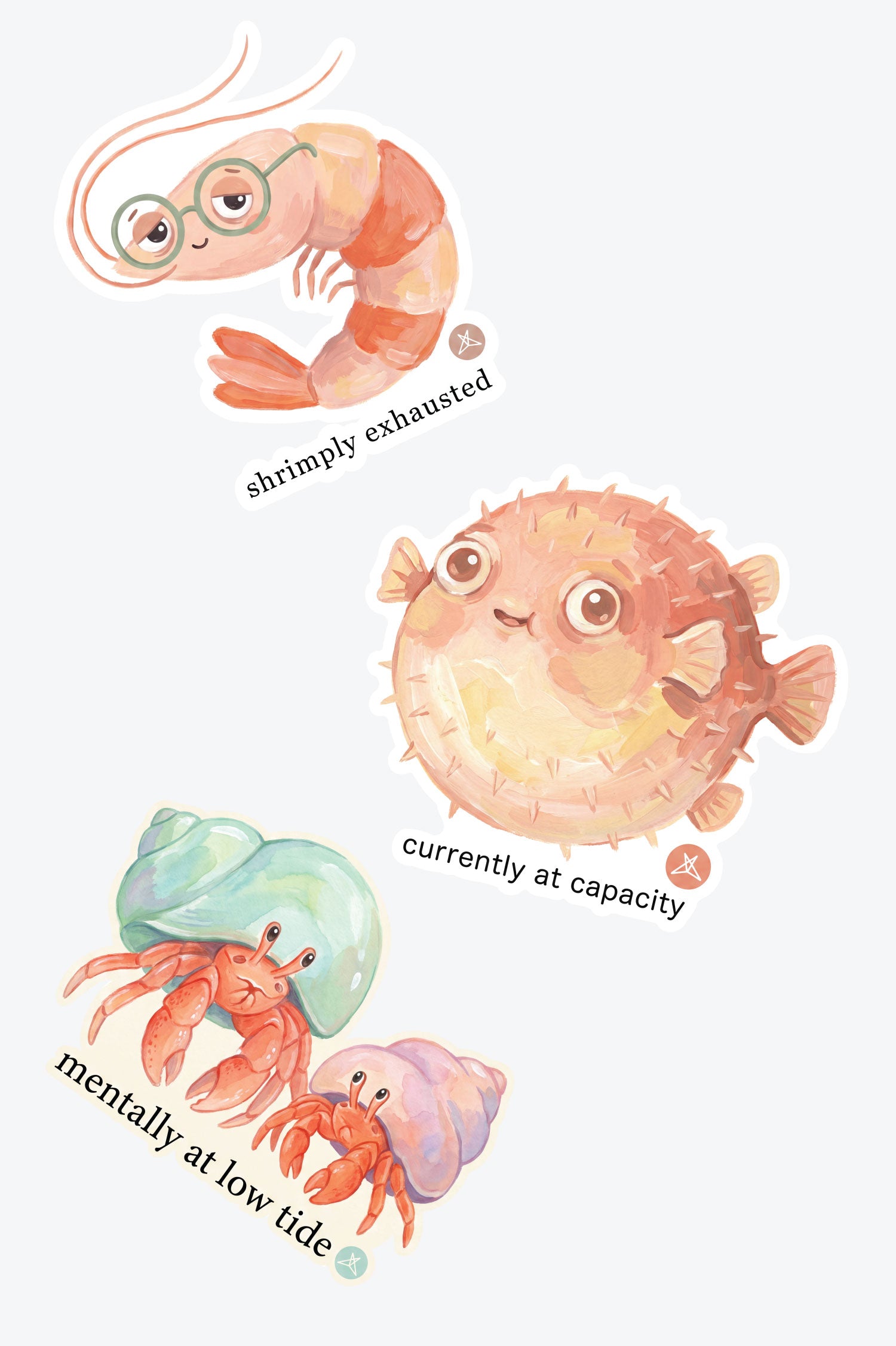 Three whimsical marine animal stickers with playful phrases from SweetLegs Sea-riously Unwell Sticker Pack