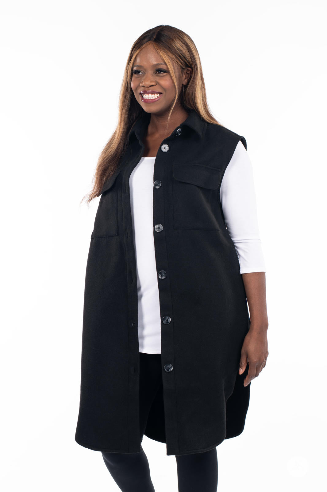 Woman wearing SweetLegs Canada Layering Shacket Vest in black with button front and chest flap pockets in relaxed fit style