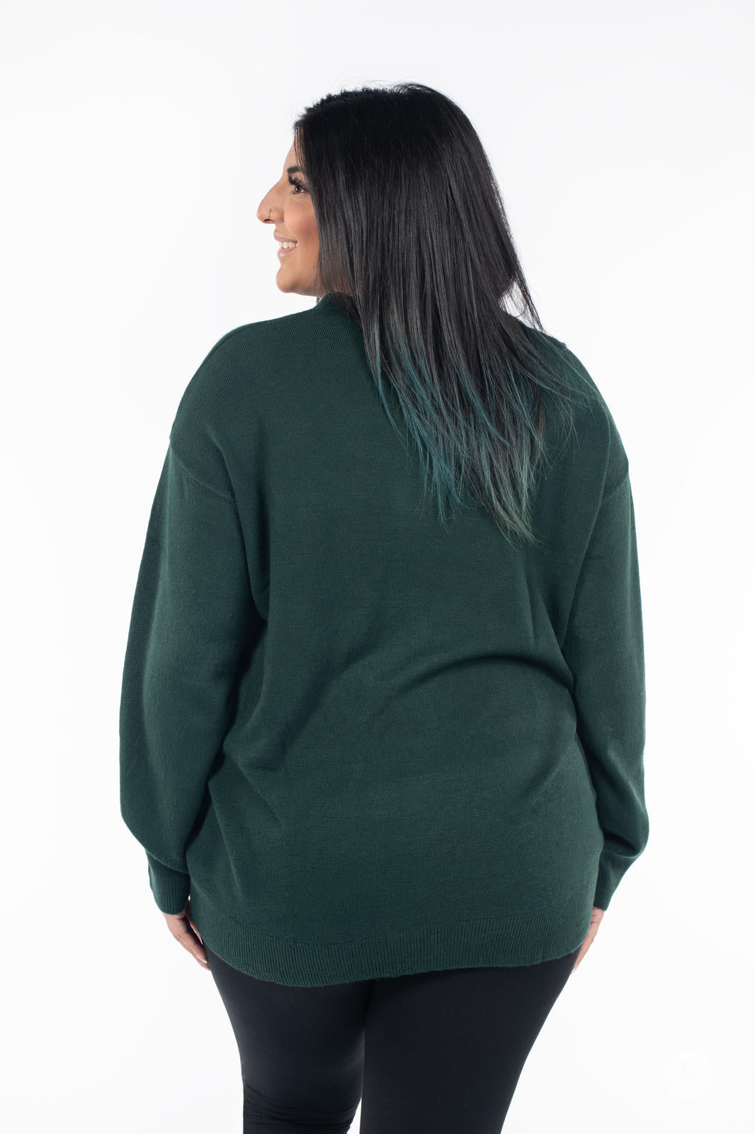 Back view of woman wearing SweetTops Soft Knit Crew Neck Sweater in forest green with relaxed fit and long sleeves