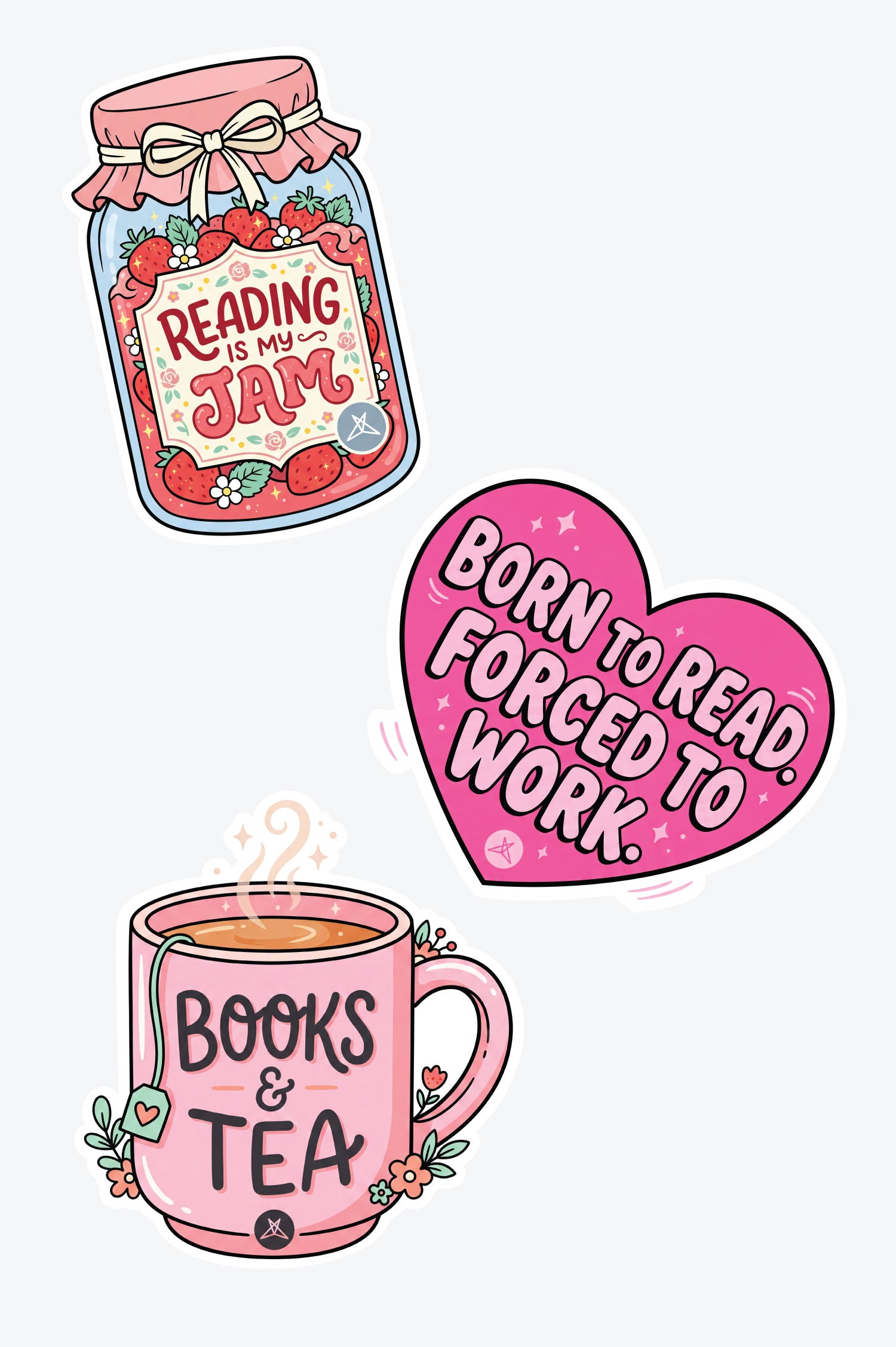 Three colorful reading-themed stickers from The Book Lover Sticker Pack by SweetLegs with playful text and cozy designs