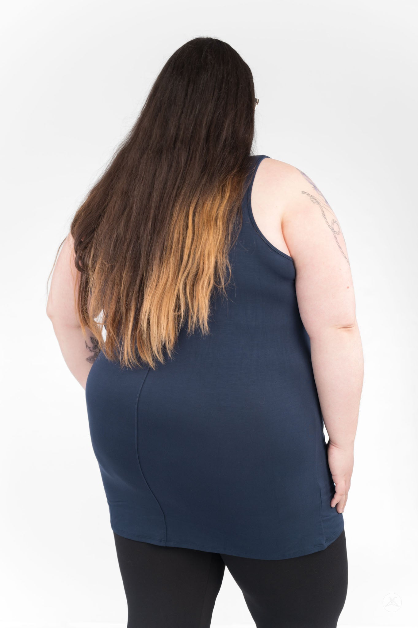 Back view of plus-size model wearing Classic Layering Tank (Copy) by SweetLegs Canada in navy blue fabric
