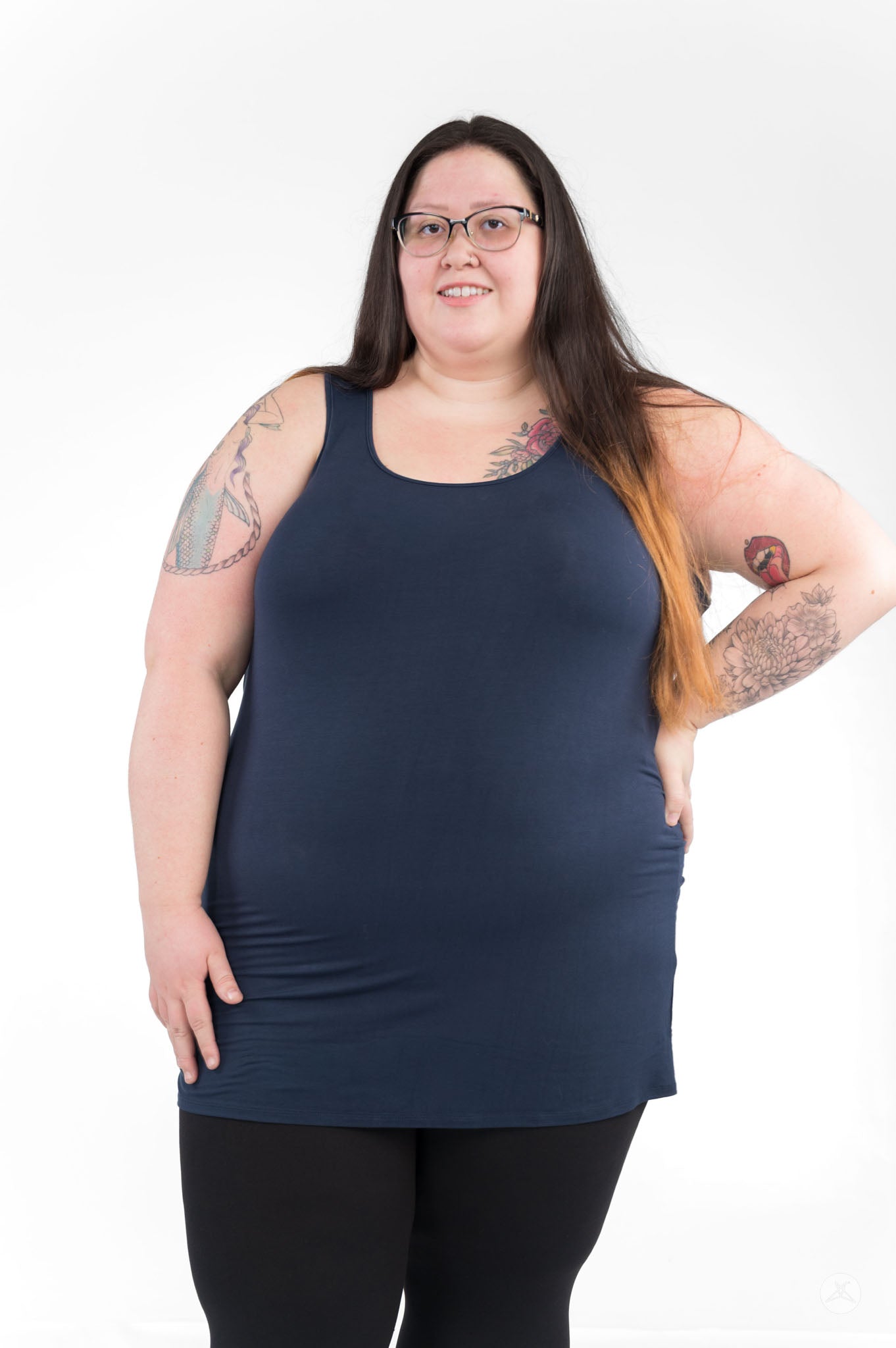 Plus size woman wearing navy Classic Layering Tank (Copy) by SweetLegs Canada standing with hand on hip