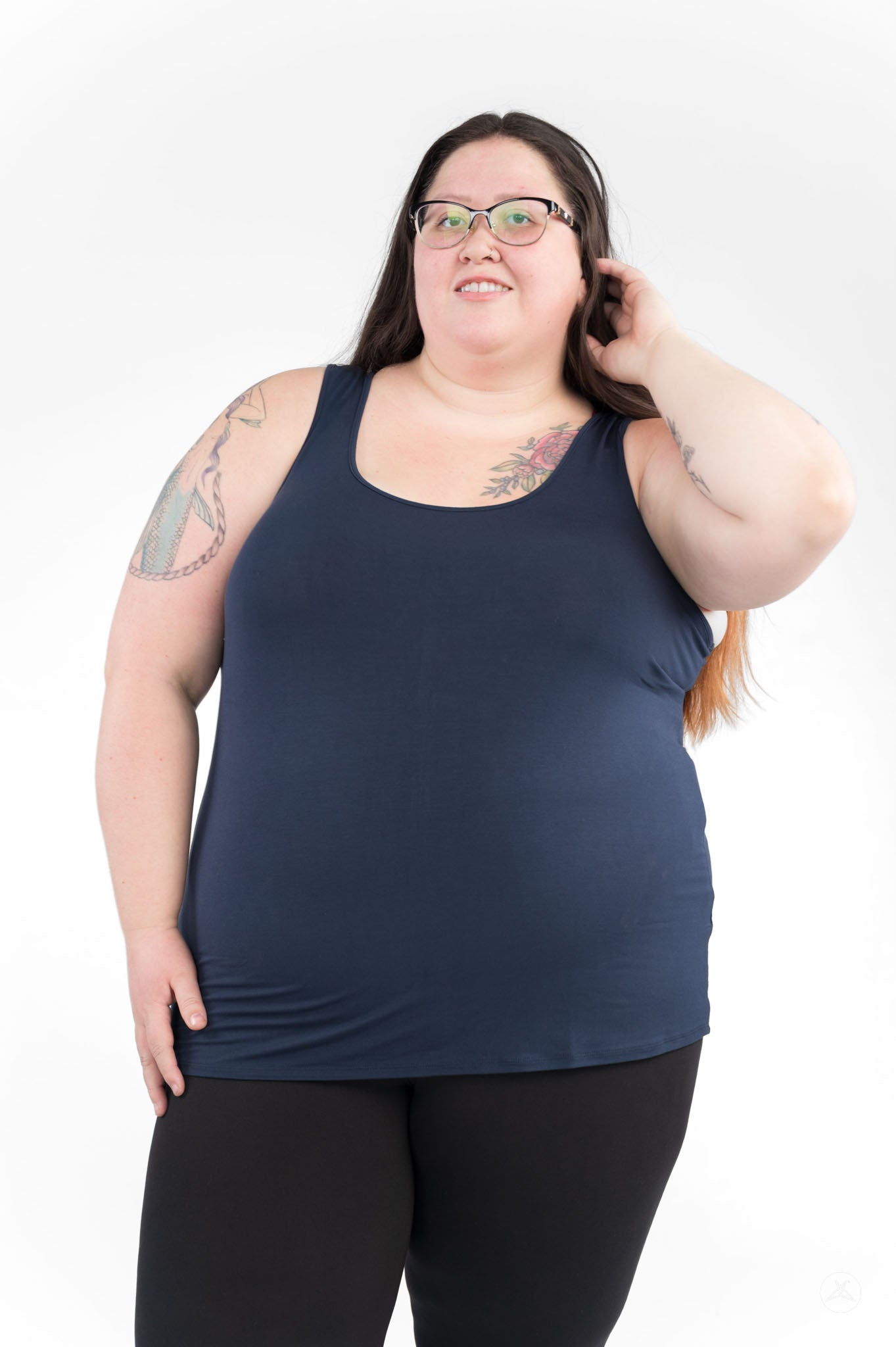 Plus size woman wearing navy Classic Tank Copy by SweetLegs Canada smiling and posing against white background