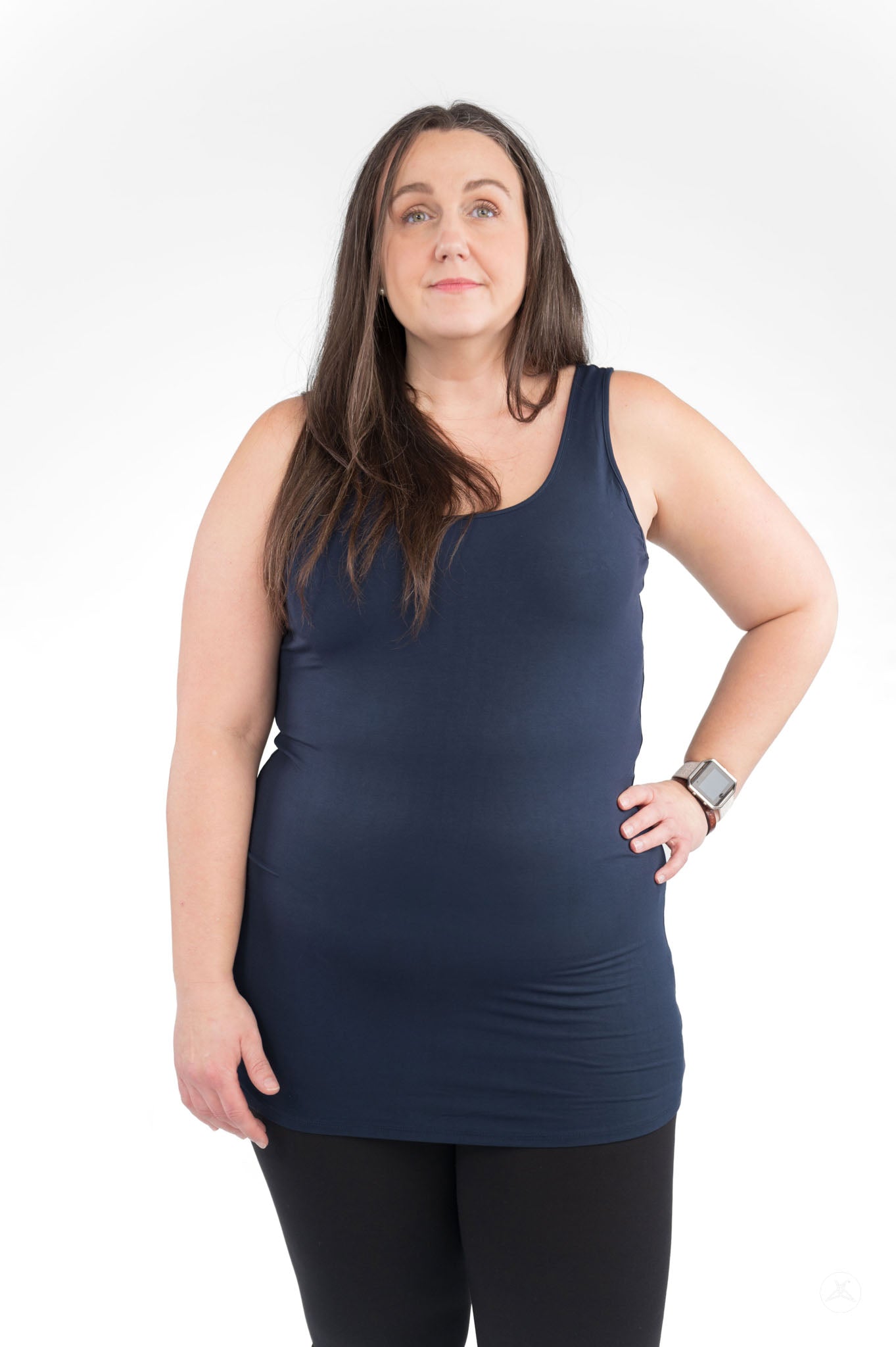 Woman wearing a navy Classic Layering Tank Copy by SweetLegs Canada styled for everyday comfort and soft fit