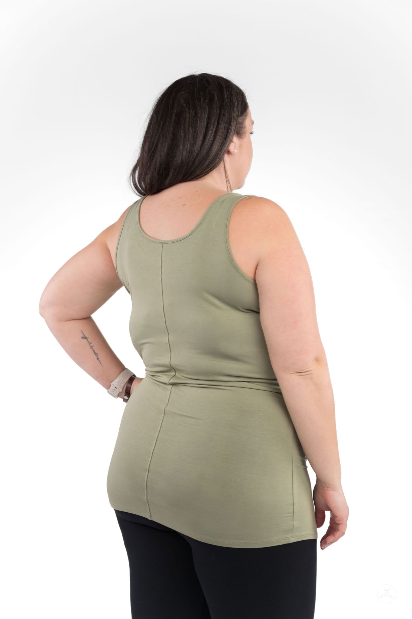 Back view of woman wearing SweetLegs Canada Classic Layering Tank (Copy) in olive green for versatile styling.