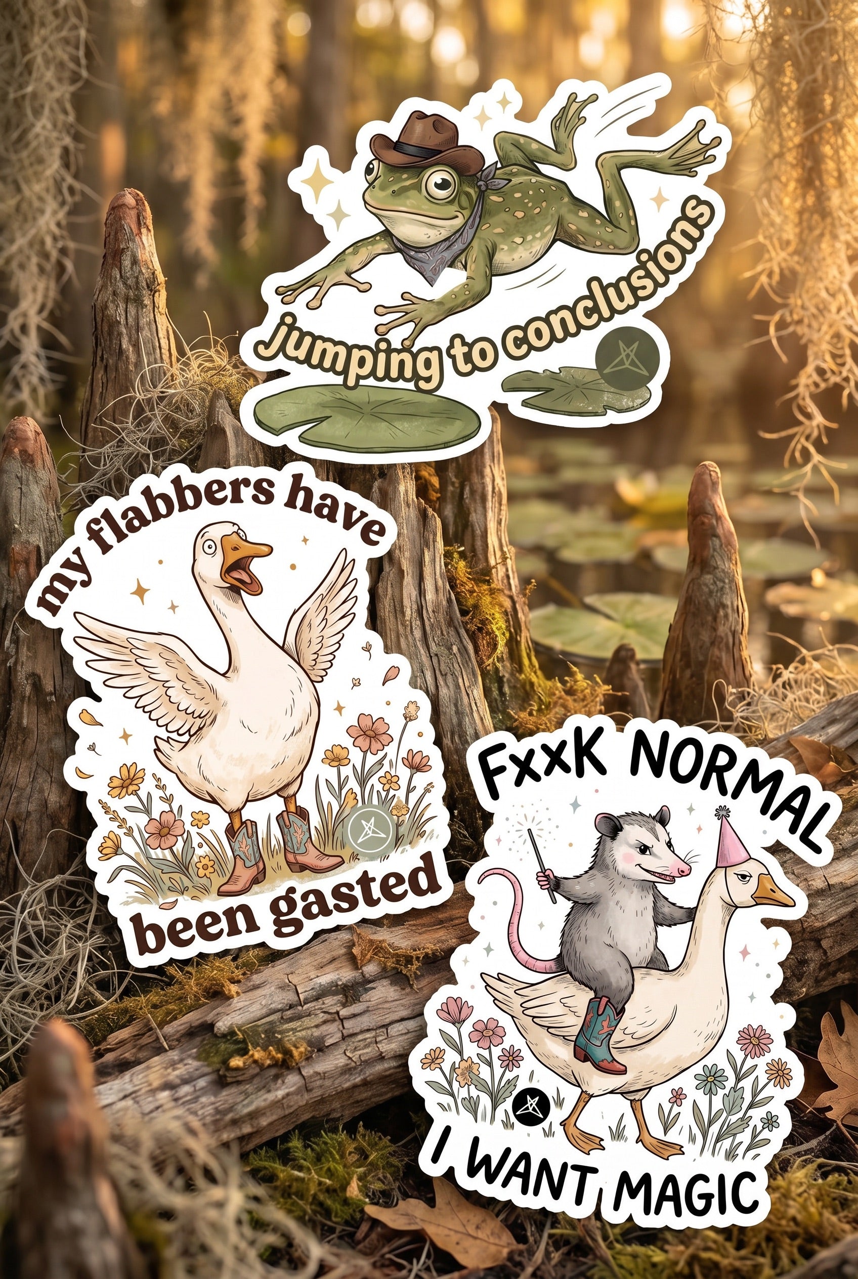 Feral Feelings Club Sticker Pack featuring whimsical animal designs by SweetLegs displayed outdoors on wood and moss.