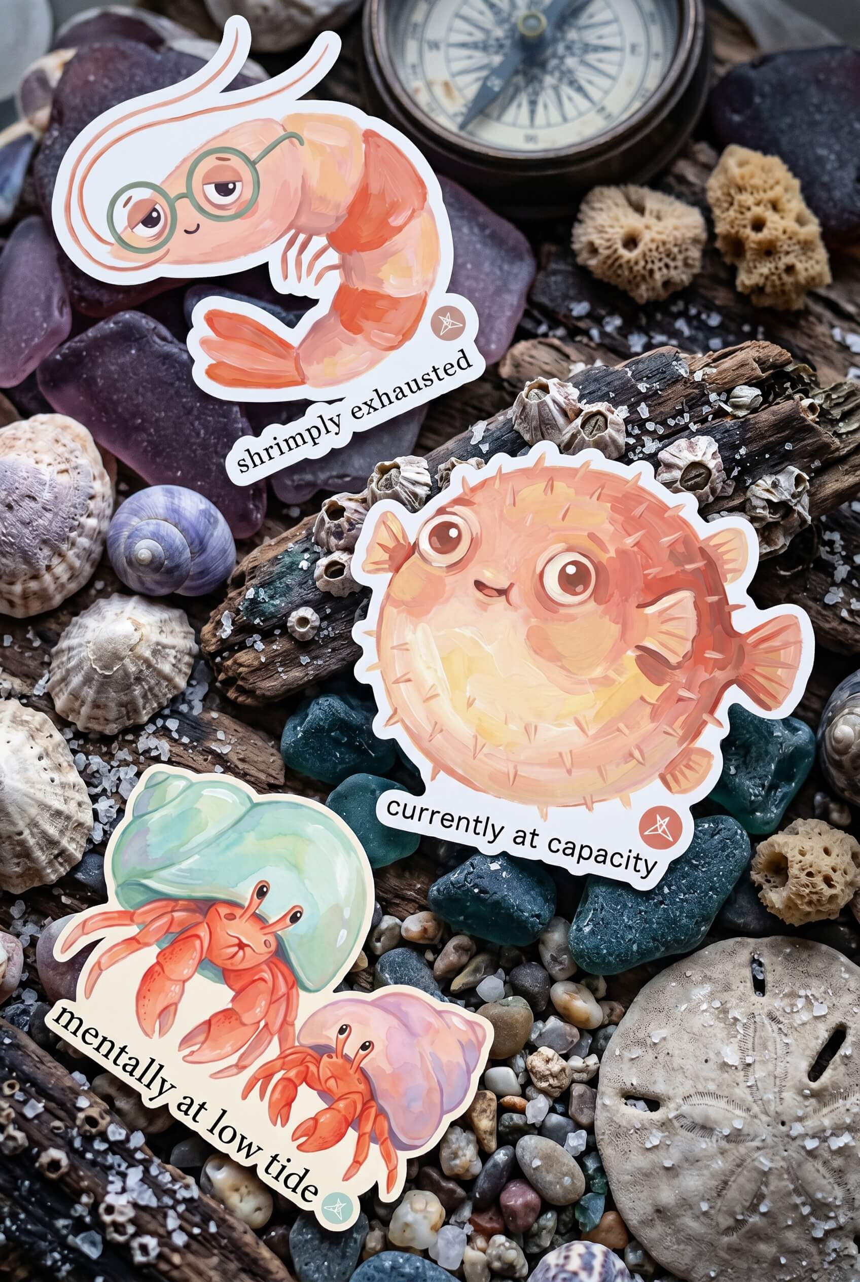 Three illustrated marine animal stickers from SweetLegs Sea-riously Unwell Sticker Pack with playful phrases on natural ocean elements