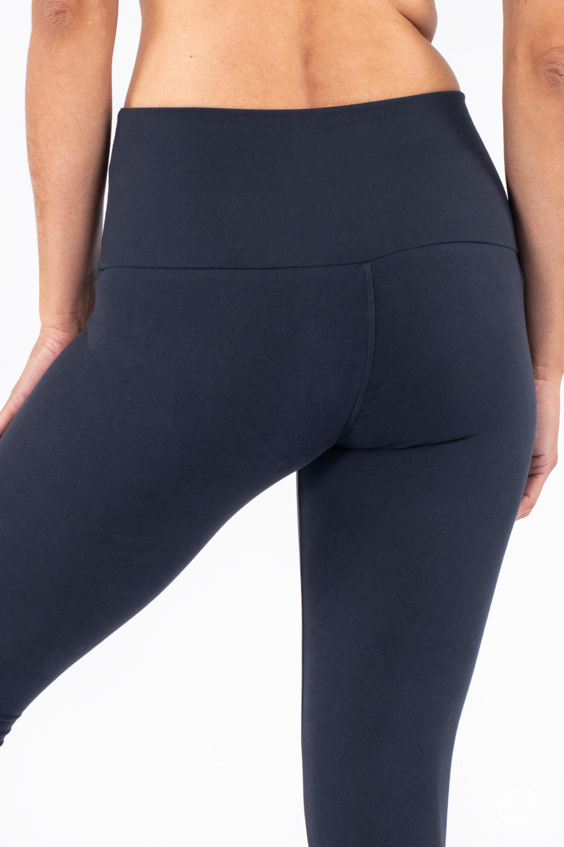 Close-up rear of SweetLegs Navy Wide Waistband Leggings highlighting smooth fabric and mid-rise wide waistband design