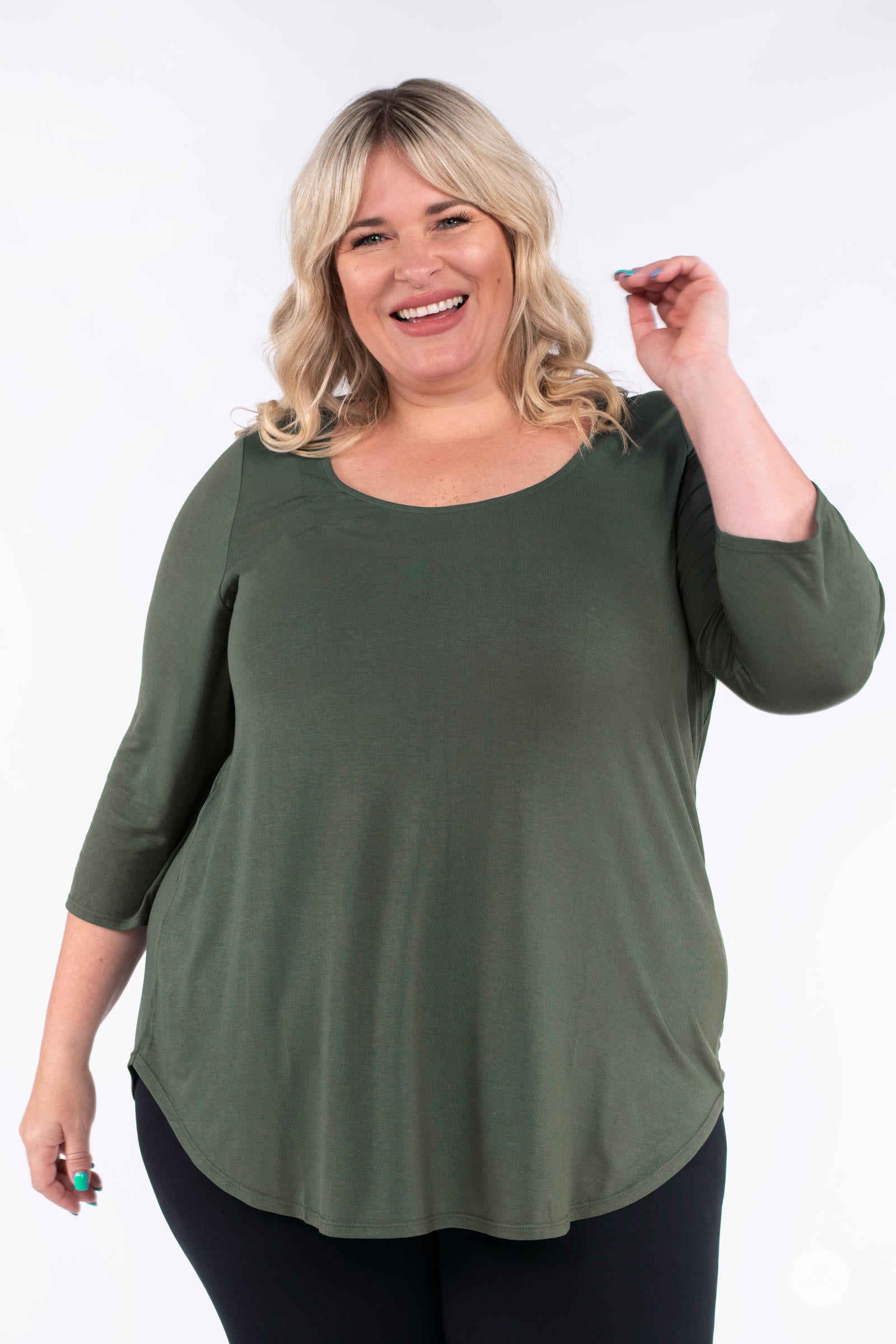 Classic 3/4 Tee by SweetLegs Canada in deep olive with scoop neck and relaxed fit on smiling plus-size model front view