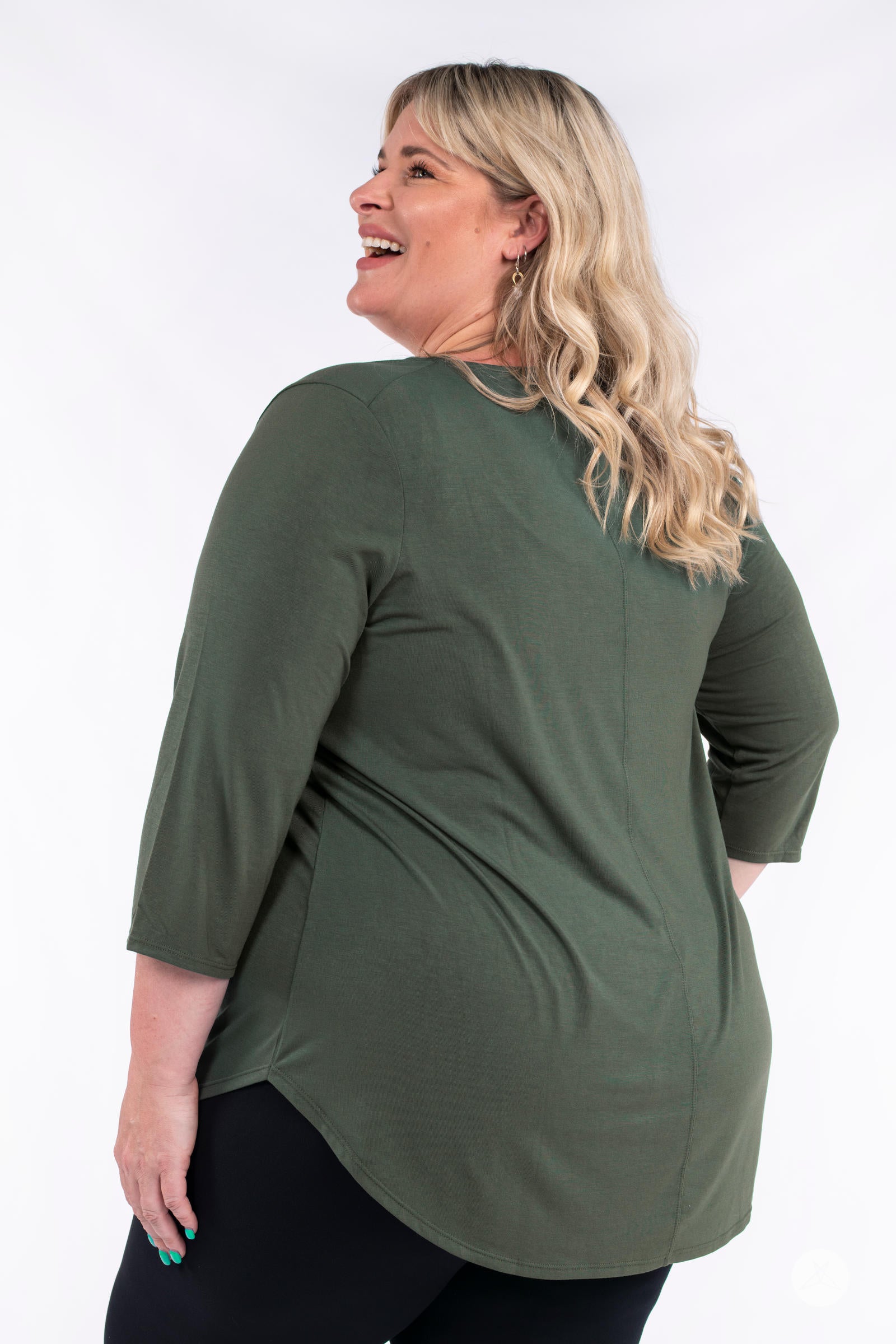 Classic 3/4 Tee by SweetLegs Canada in deep olive with high-low hem and relaxed fit on plus-size model back view