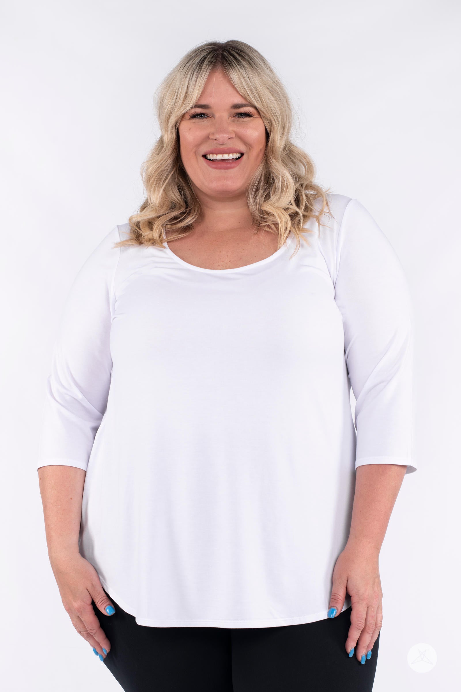 Classic 3/4 Tee by SweetLegs Canada in white with scoop neckline and relaxed fit on smiling plus-size model front view