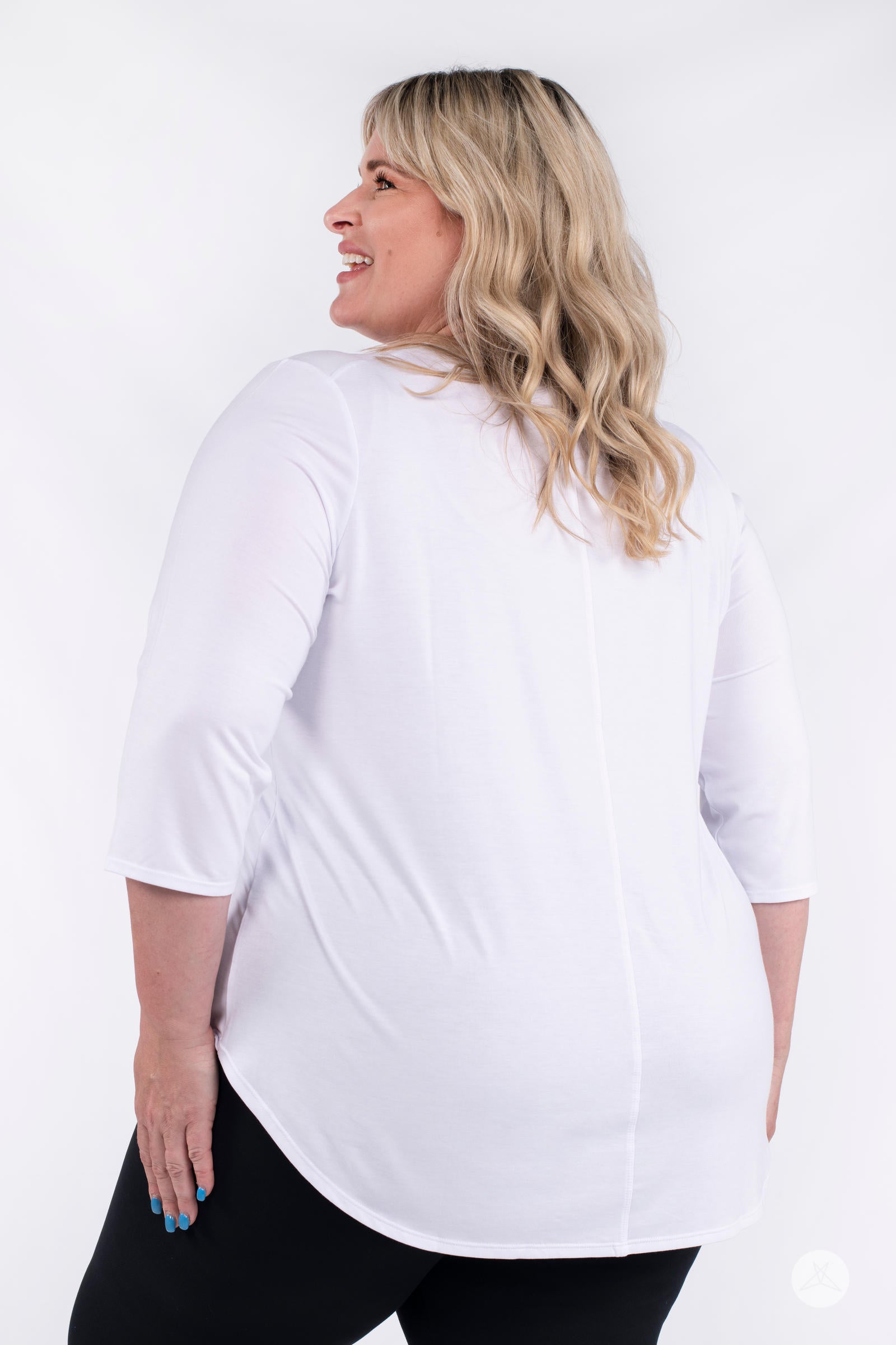 Classic 3/4 Tee by SweetLegs Canada in white with high-low hem and relaxed fit on plus-size model back view