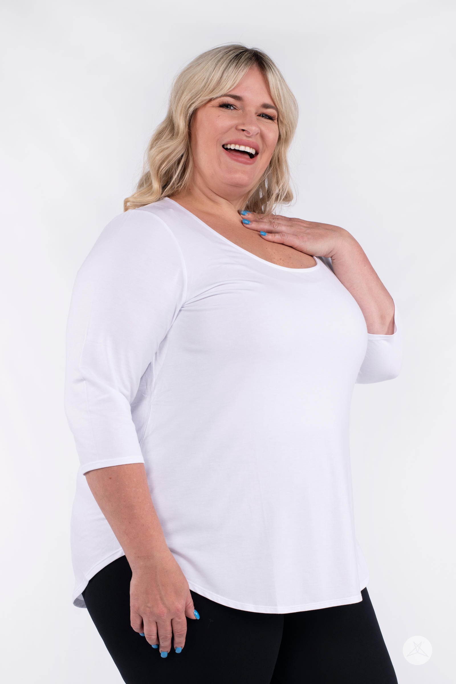 Classic 3/4 Tee by SweetLegs Canada in white with scoop neckline and 3/4 sleeves on smiling plus-size model side view