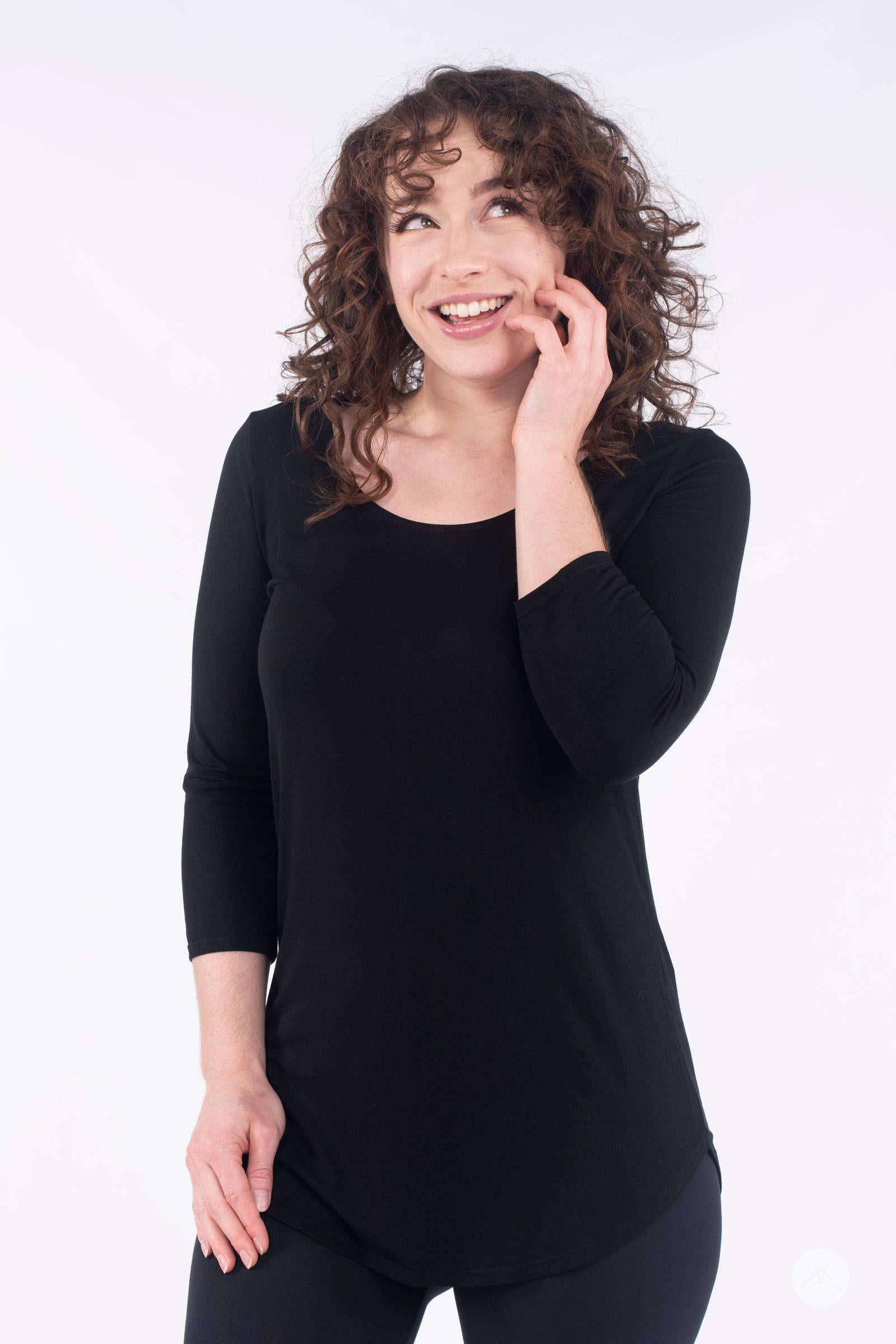 Classic 3/4 Tee by SweetLegs Canada in black with scoop neckline and fitted 3/4 sleeves on smiling model front view