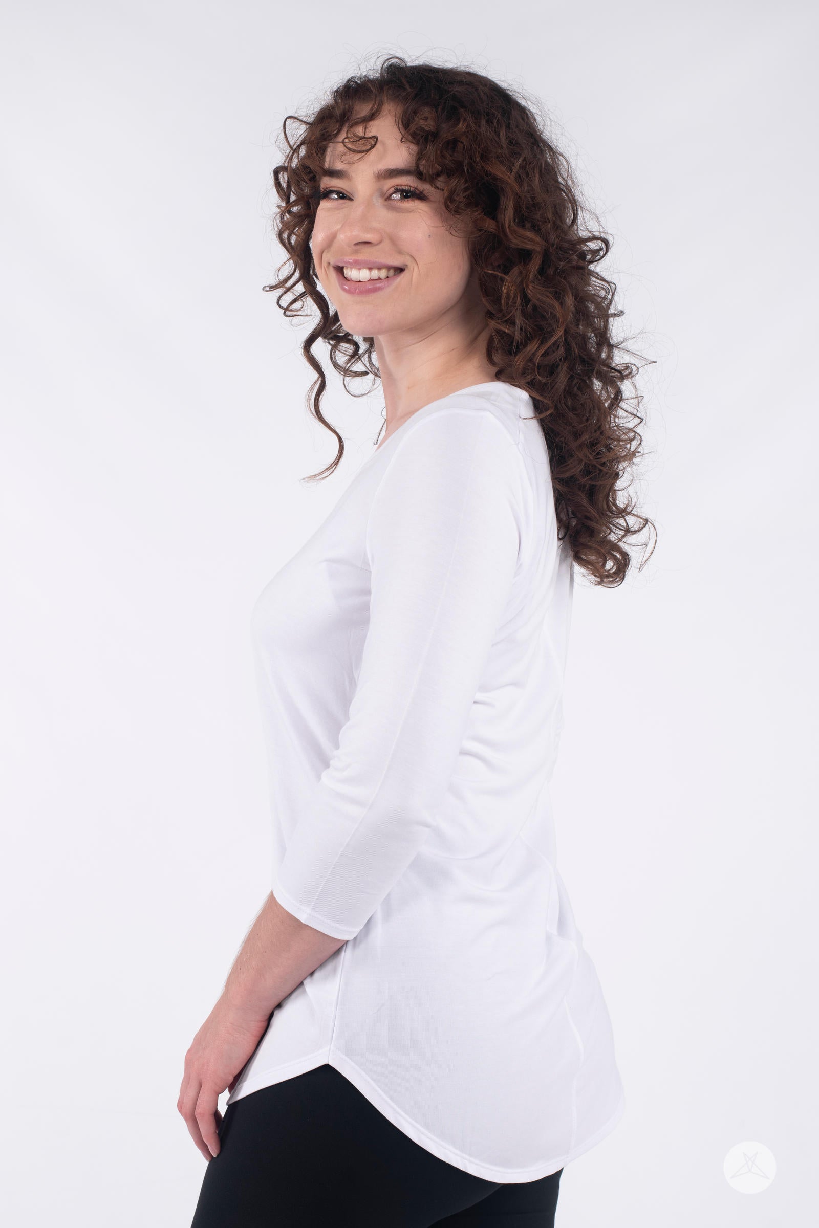Classic 3/4 Tee by SweetLegs Canada in white with scoop neck and 3/4 sleeves on smiling model side view
