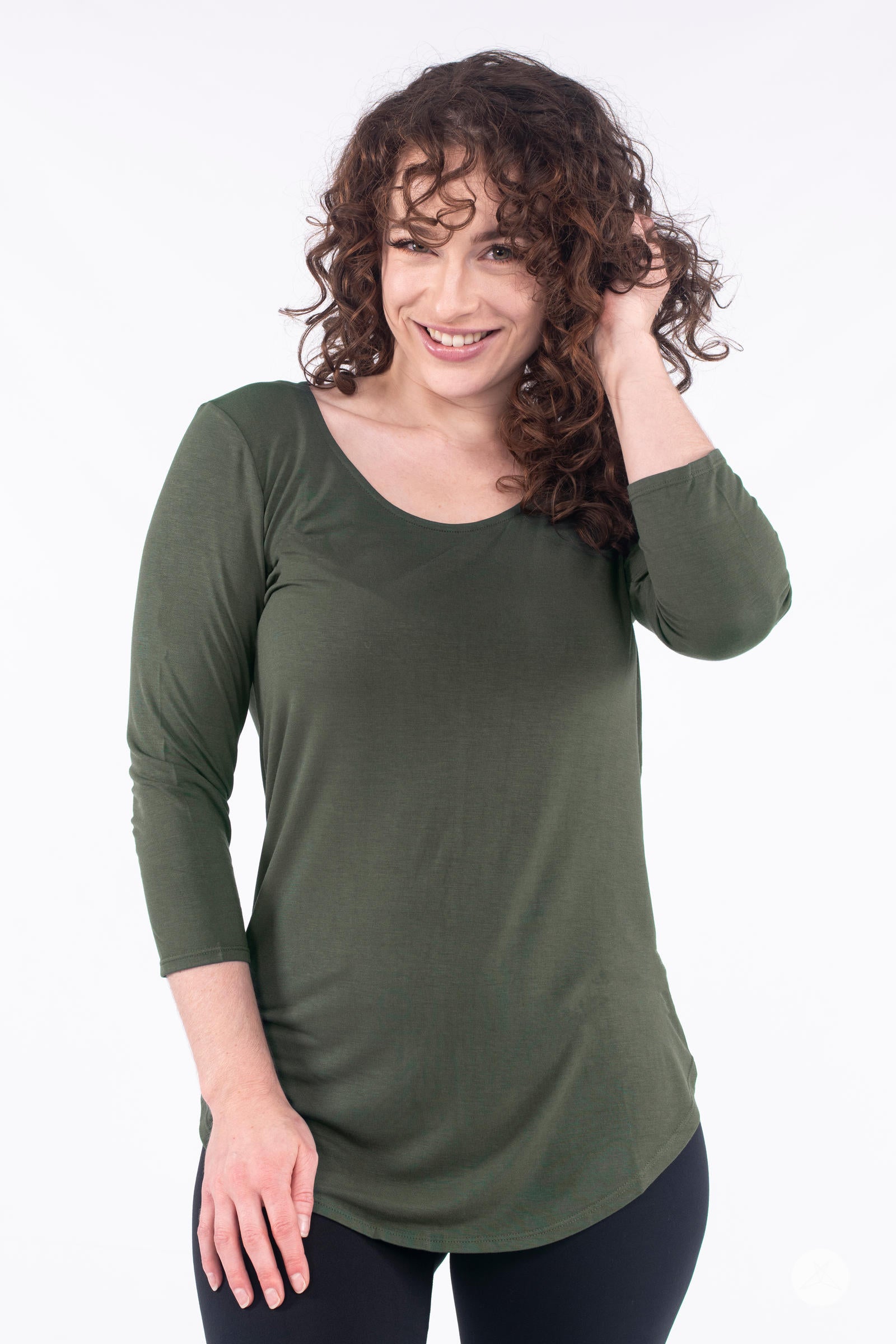 Classic 3/4 Tee by SweetLegs Canada in olive green with scoop neck and fitted three-quarter sleeves on smiling model