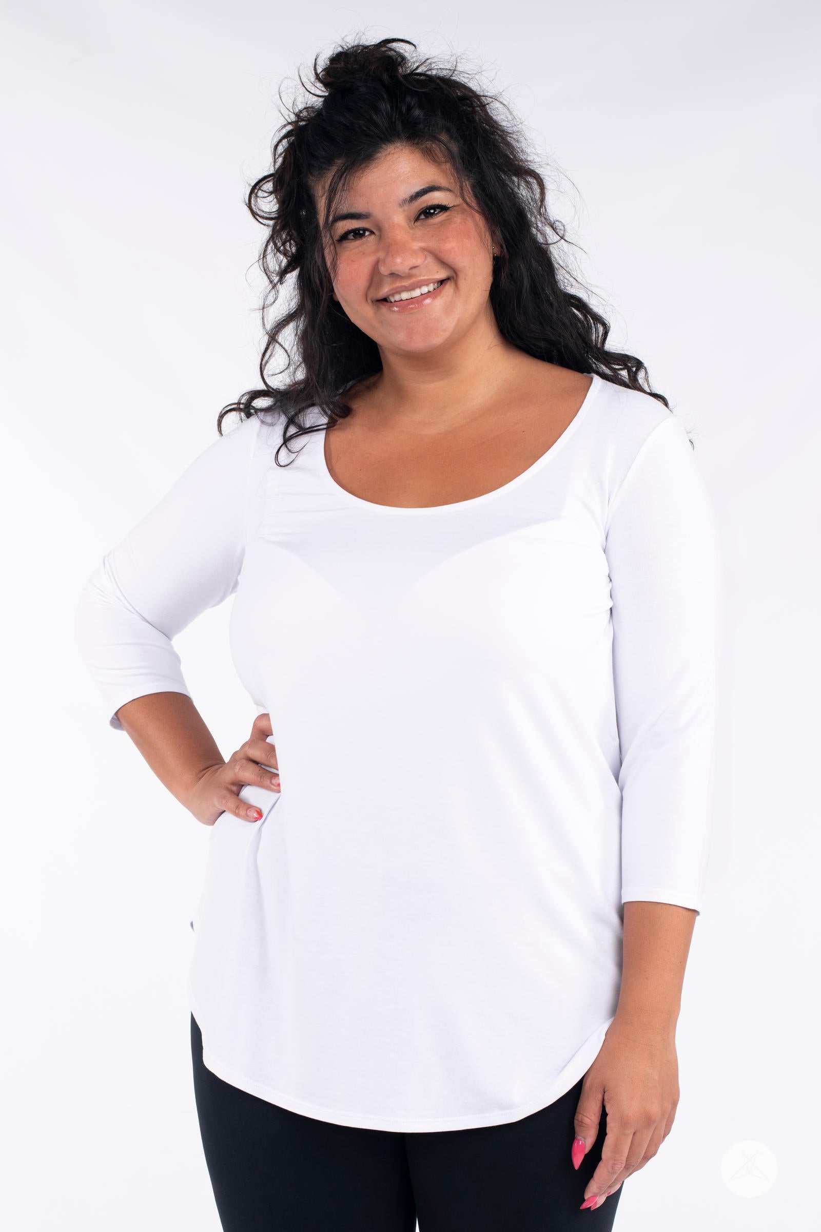 Classic 3/4 Tee by SweetLegs Canada in white with scoop neck and relaxed fit on smiling plus-size model front view