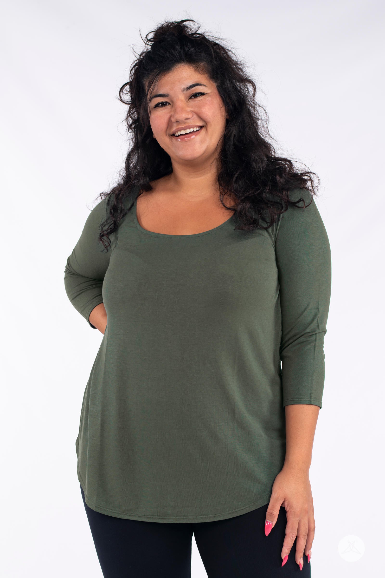 Classic 3/4 Tee by SweetLegs Canada in deep olive with scoop neck and fitted three-quarter sleeves on smiling model front view