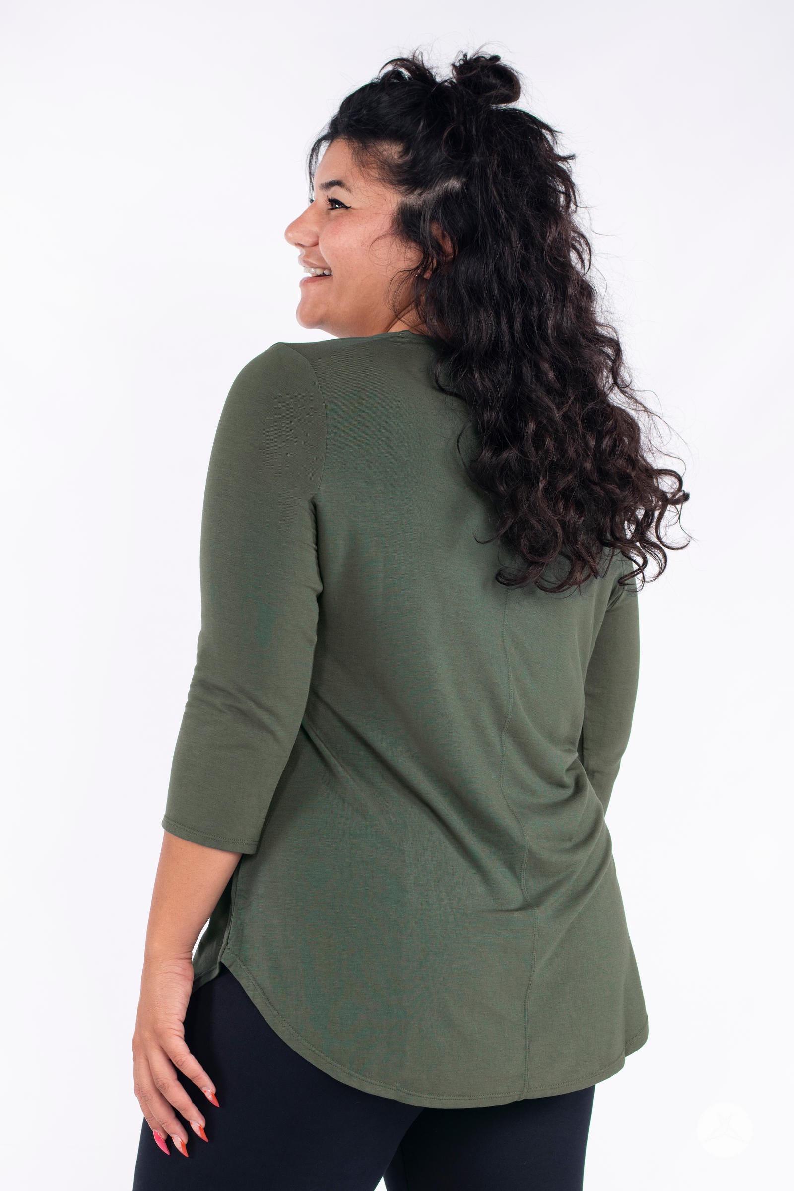 Classic 3/4 Tee by SweetLegs Canada in olive green with high-low hem and fitted three-quarter sleeves back view on smiling model