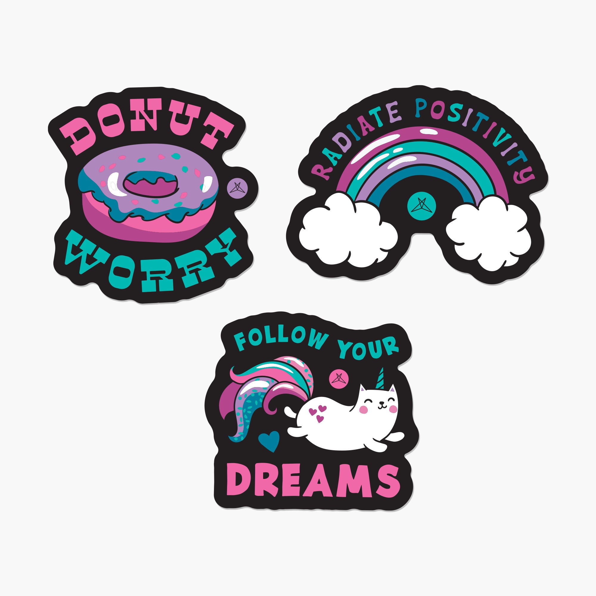 SweetLegs Happiness Sticker Pack with colorful donut, rainbow, and cat mermaid designs promoting positivity and dreams