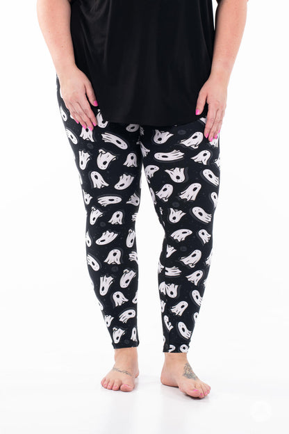 SweetLegs You've Been Ghosted Leggings with a black and white ghost pattern modeled on a person