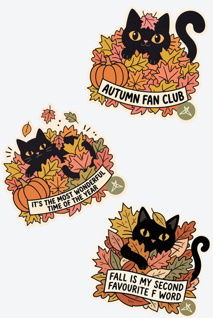 SweetLegs Autumn Fan Club Sticker Pack featuring black cats pumpkins and colorful fall leaves