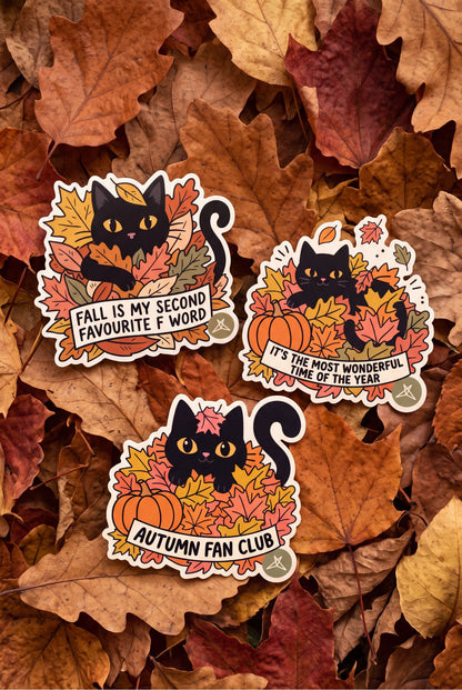 SweetLegs Autumn Fan Club Sticker Pack featuring black cats, pumpkins, and colorful autumn leaves