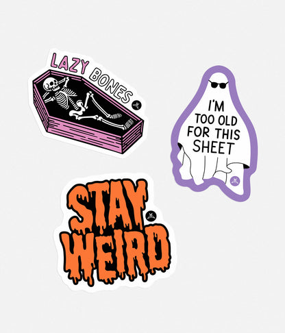 SweetLegs Lazy Bones Sticker Pack featuring coffin skeleton ghost and Stay Weird stickers