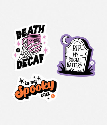 SweetLegs Death Before Decaf Sticker Pack featuring spooky coffee tombstone and Halloween designs