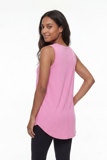 Woman wearing SweetTops High Neck Swing Tank in soft pink with sleeveless design and relaxed fit, shown from the back