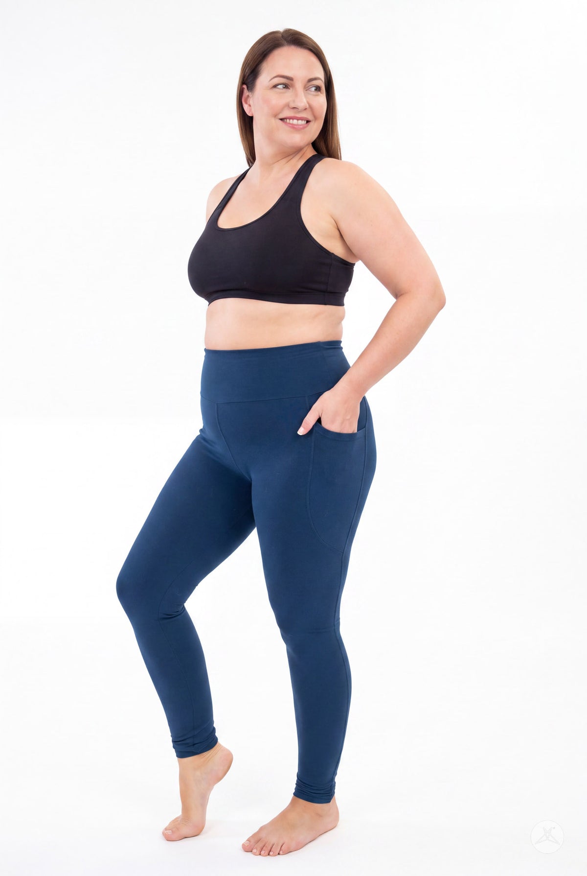 SweetLegs Still Water High-Waisted Pocket Leggings worn by a model with one hand in the side pocket