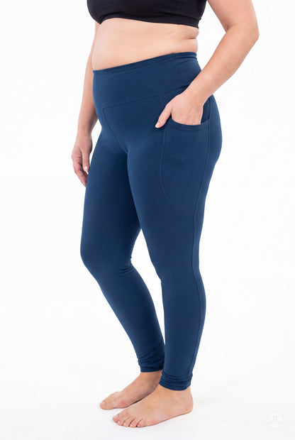SweetLegs Still Water High-Waisted Pocket Leggings worn by a model with one hand in a side pocket
