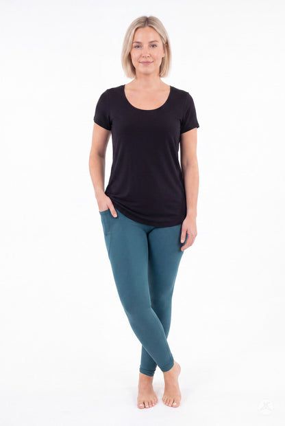 SweetLegs Deep Teal Pocket Leggings worn by a model in a black top