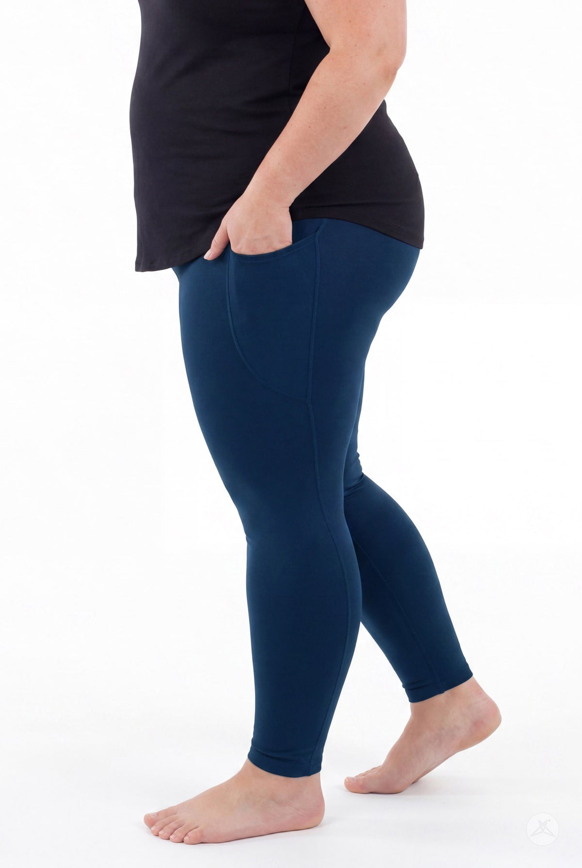 SweetLegs Still Water Pocket Leggings in navy blue with side pocket on a model
