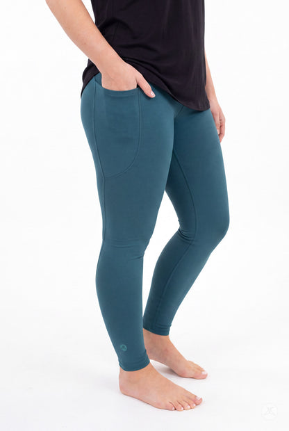 SweetLegs Deep Teal Pocket Leggings worn by a model with side pockets
