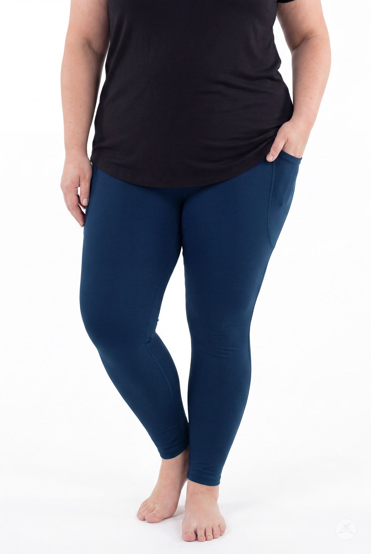 SweetLegs Still Water Pocket Leggings in navy blue with side pockets on a model