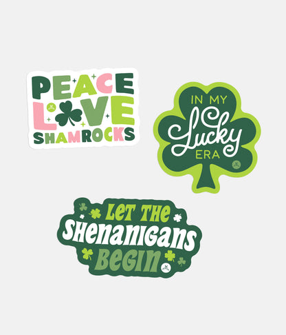 SweetLegs Lucky Era Sticker Pack featuring shamrock designs with Peace Love Shamrocks and Let the Shenanigans Begin