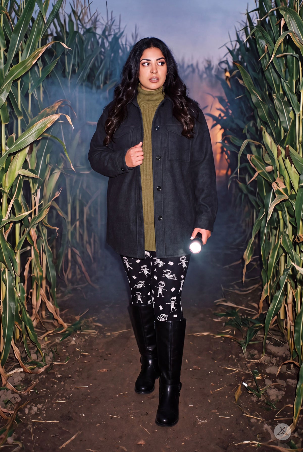 SweetLegs Under Wraps Leggings patterned leggings worn by a model in a corn maze