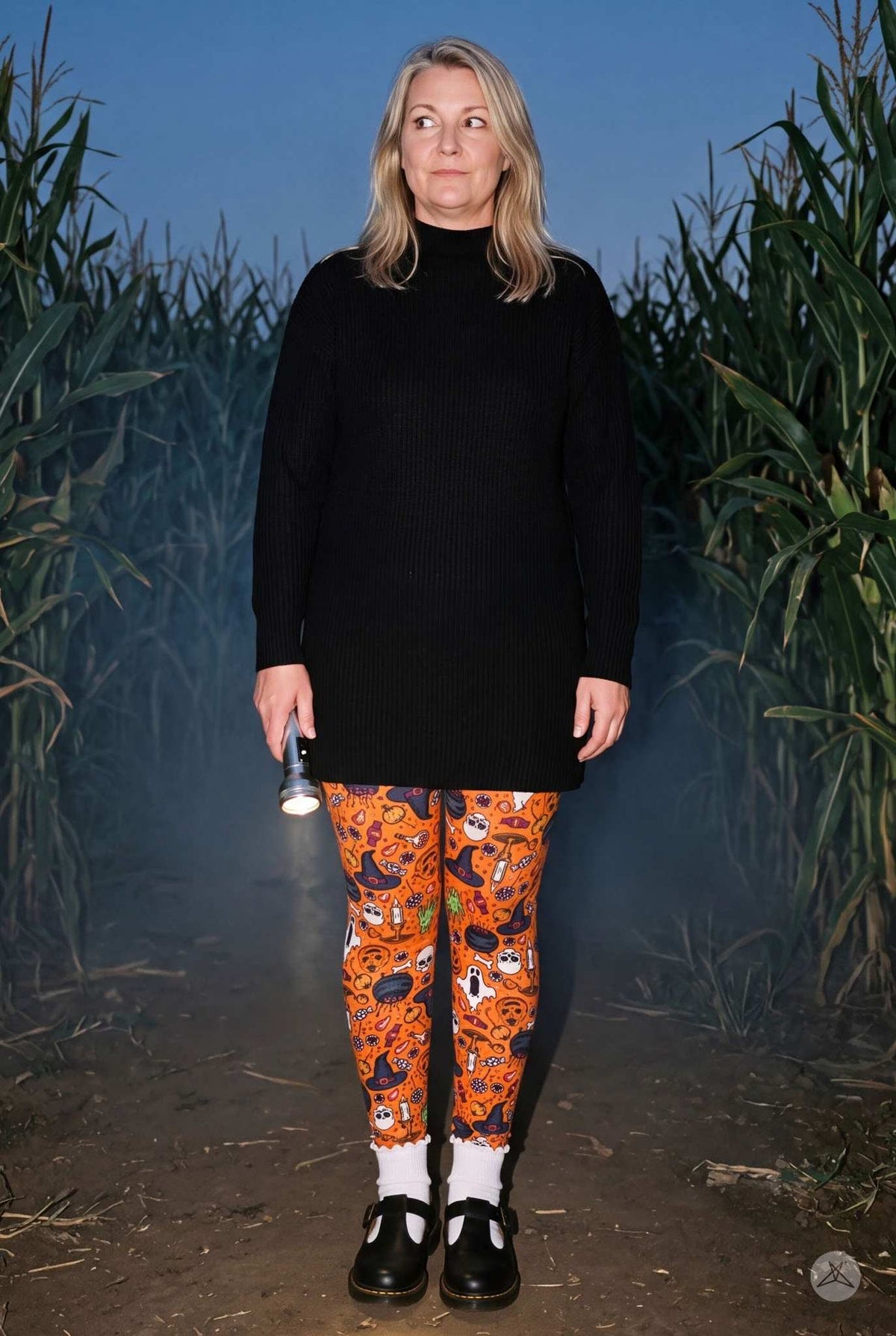 SweetLegs Treats No Tricks Leggings worn by a woman in a cornfield with orange Halloween pattern