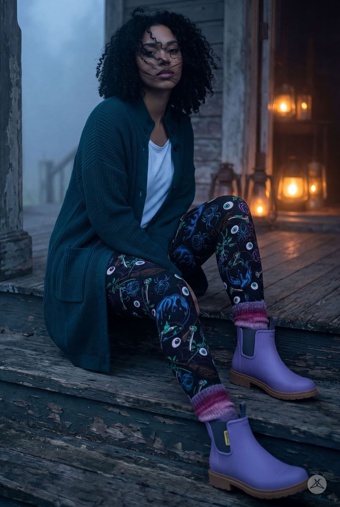 SweetLegs Witches Brew Leggings modeled by a woman in purple boots on a rustic porch