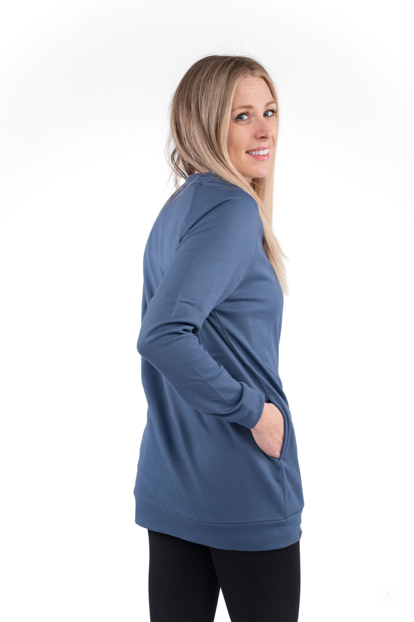 Woman wearing blue Basic Raglan Pullover (Copy) by SweetLegs Canada with long sleeves and relaxed fit side view